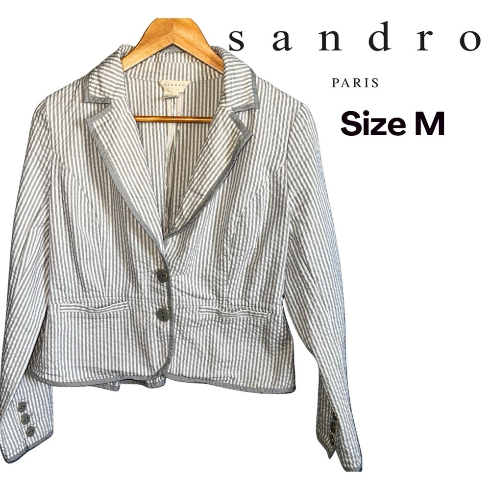 Sandro Paris Women's Jacket 100% Cotton Grey And White Seersucker Size M GUC